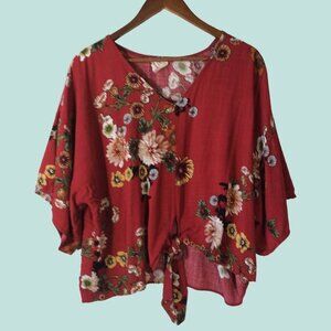 Hyped Unicorn Floral Printed Front Tie Blouse with V-Neck Size M